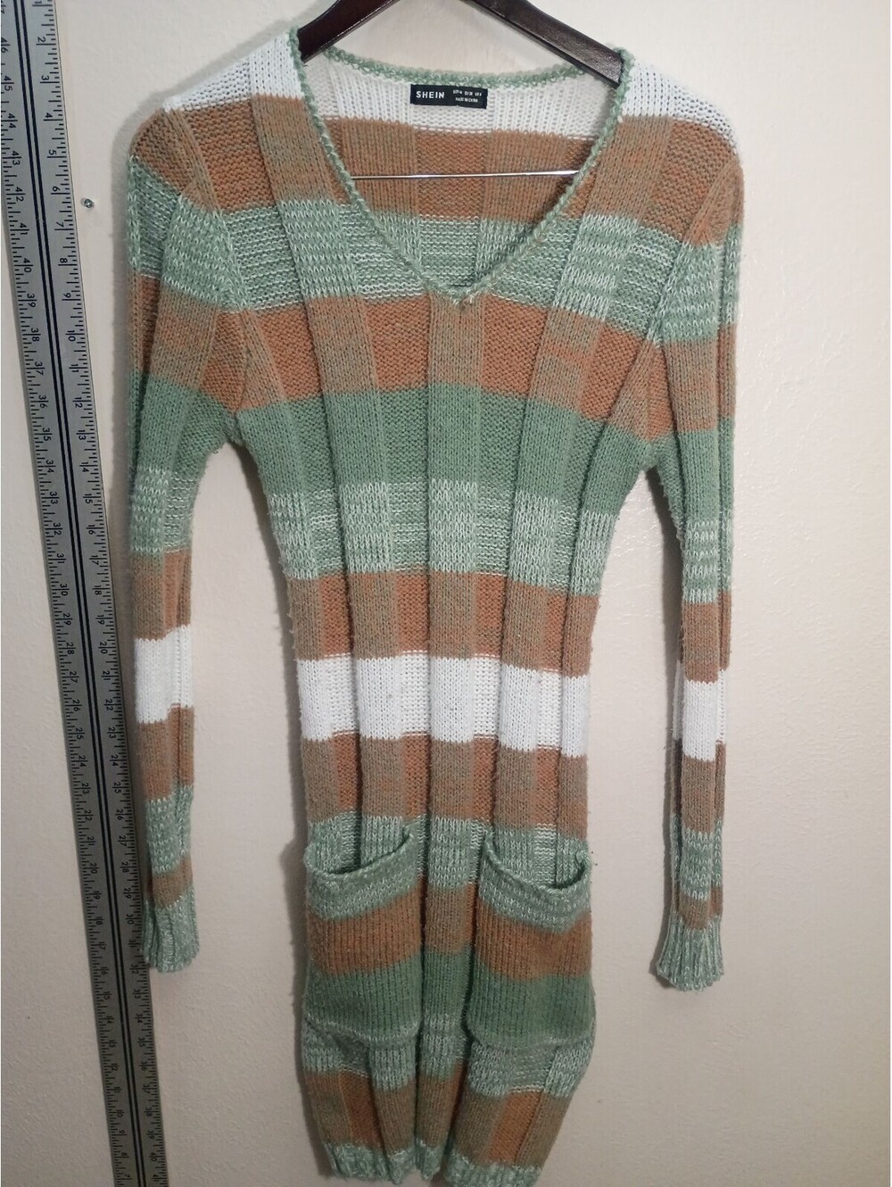 SHEIN Women's Striped Knit V-Neck Pullover Sweater Dress with Pockets Size M